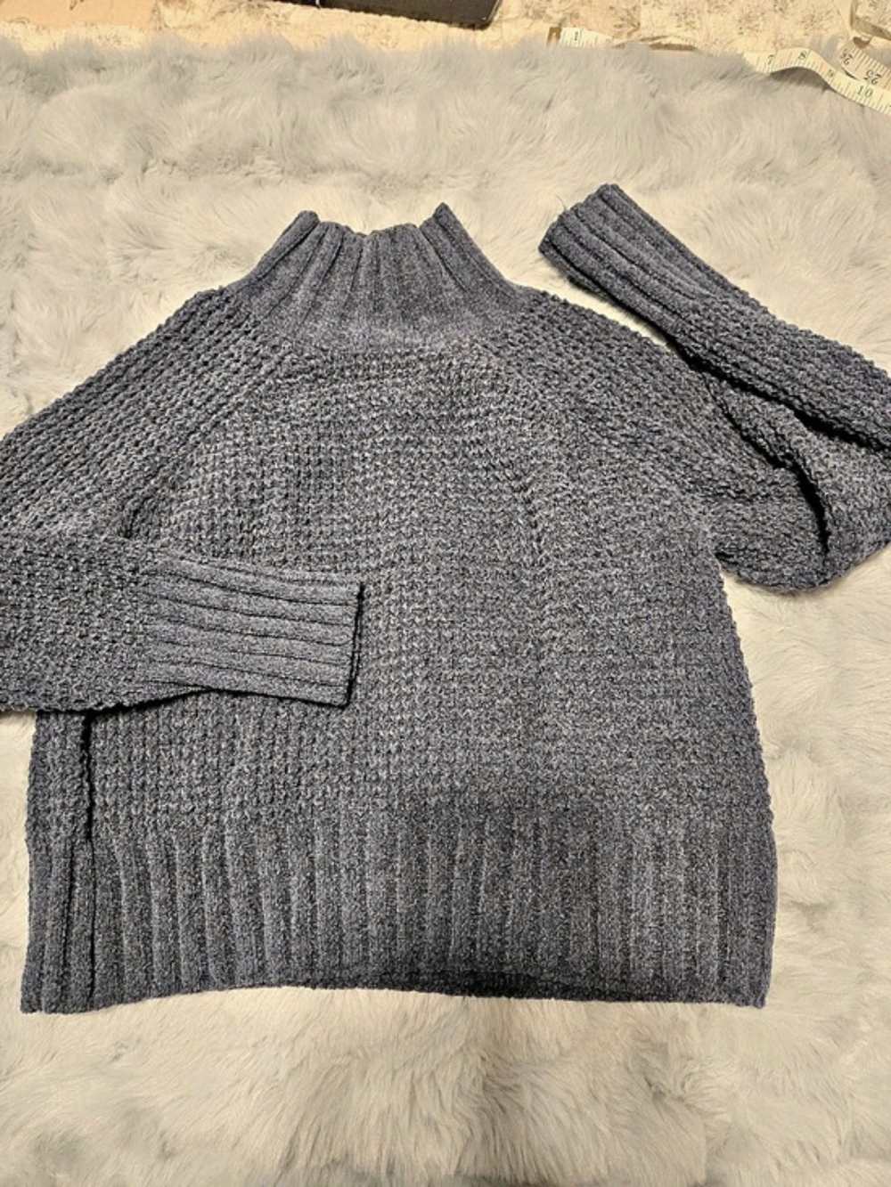 Pink Rose Slate Blue Chenille Waffle Knit Mock Neck Sweater - Size Medium